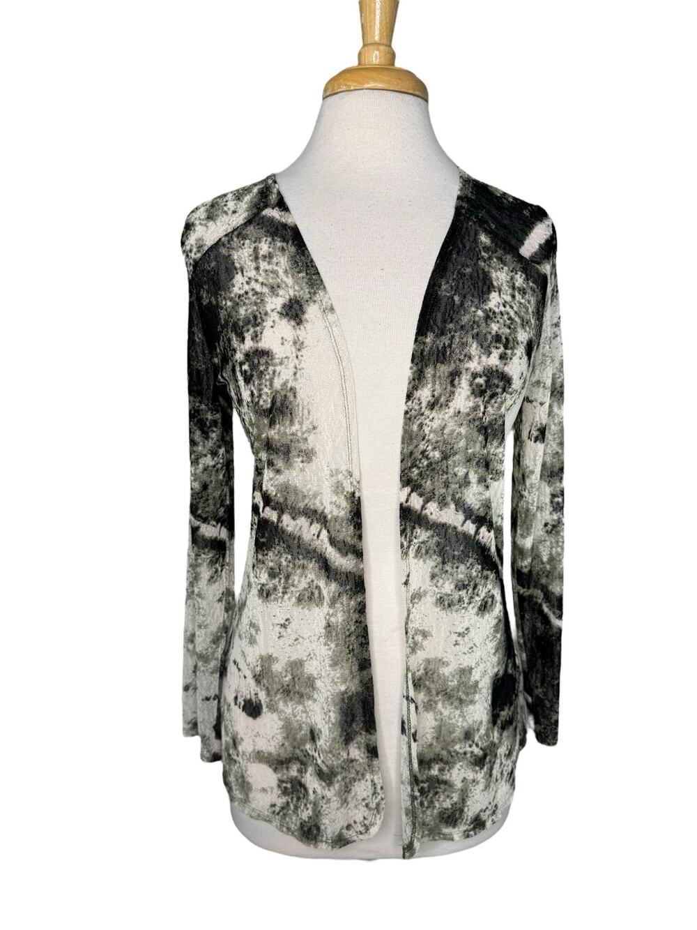 CHICOS EASYWEAR Green Black Tan Abstract Open Mesh Cardigan Sz Small (0) Womens